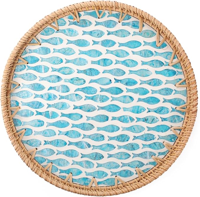 Round Rattan Tray with Mother of Pearl Inlay, Rattan Serving Tray for Coffee, Bread, Fruits, Decorative Wicker Tray for Table Decor, Home Decor, Kitchen Island Decor (Turquoise Fish, 11.8")