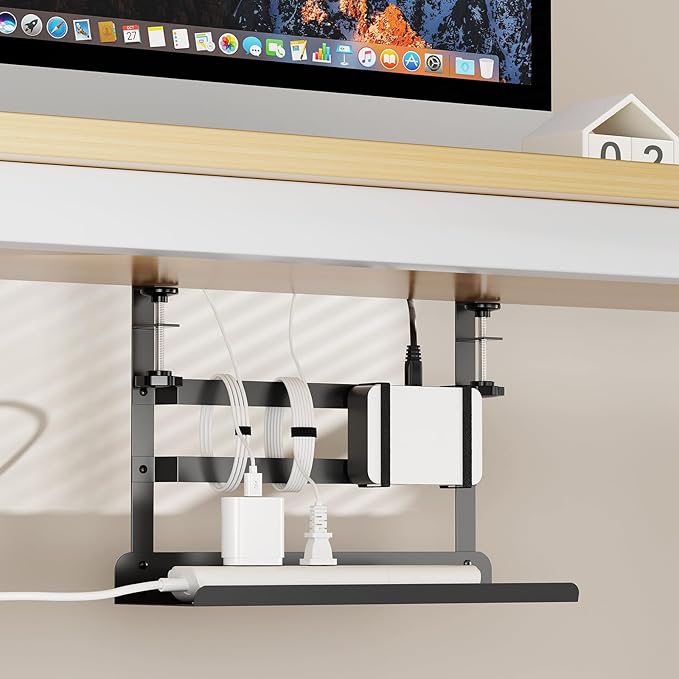 YECAYE Under Desk Cable Management Tray, All-Metal Clamp-Mount Cable Management Organizer Tray, Computer Cord Organizer Rack, Standing Desk Wire Organization for Office and Home, Black