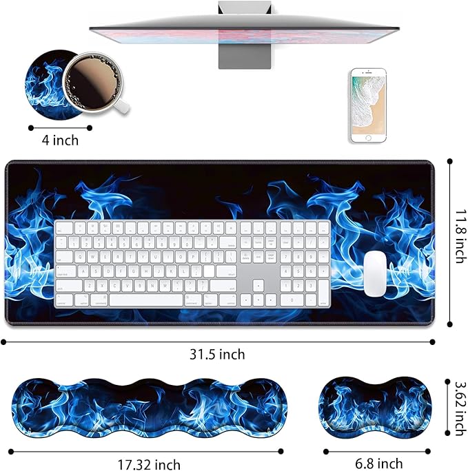 4 in 1 Ergonomic Keyboard Wrist Rest & Mouse Pad Wrist Rest Set, Large XXL Gaming Desk Mat 31.5"x 11.8" with Non-Slip Base, Memory Foam for Home Office Study Gaming, Blue Flame