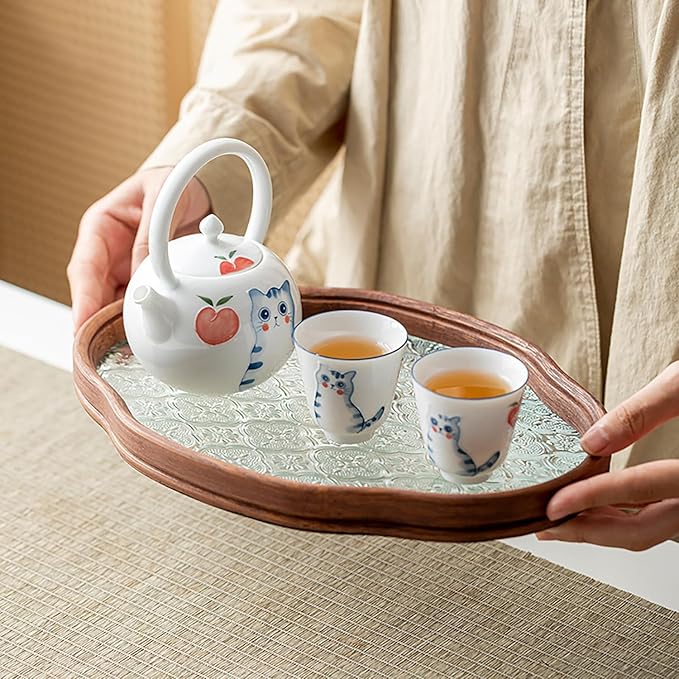 IwaiLoft Glass Serving Tray with The Crabapple Pattern Glass and Walnut for Kitchen Countertop Home Decor for Coffee Table, Also Suitable for Tea Coffee Decorative Trays (Clear,14.5" x 10" x 1")