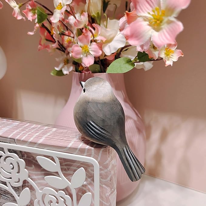 Handmade Wooden Carved Bird Decor Sculpted Hand-Painted Bird Figurines Small Home Decor Bird Statue Shelf Decor BFF Gifts for Bird Lovers (Gray Jay)