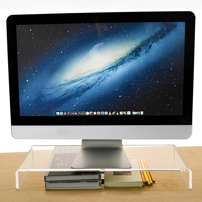 20" Crystal Clear Acrylic Monitor Stand Riser - Fits iMac/Printer/TV, Ergonomic 3" Elevation w/Hidden Keyboard Storage, Sleek Desk Organizer for Home Office