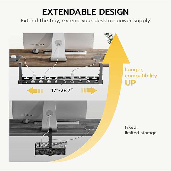 ARES WING 17"-28.7" Extendable Under Desk Cable Management Tray with Cable Slots, Clamp On Cord Organizer Holds Up to 11 lbs, Black Metal Under Desk Storage for Office and Gaming Accessories