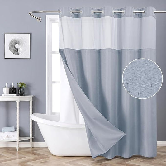 Extra Long No Hook Shower Curtain with Snap-in Fabric Liner Set,Slub Textured Fabric Shower Curtains for Bathroom,Hotel Style Modern Shower Curtain,Water Repellent & Washable,71x86(84),Blue