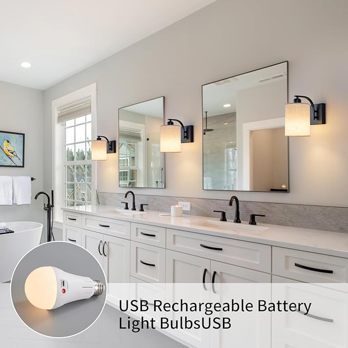 Black Rechargeable Battery Operated Wall Sconces Set of 2 with Remote, Wireless Dimmable Battery Powered LED Wall Lights, Cordless Wall Lighting Lamp Fixture for Bedroom Living Room