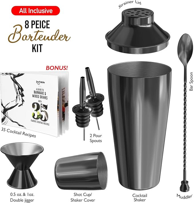 Bar Set Cocktail Shaker Set Bartender Kit, 8 Piece Black Cocktail Set, Mixology Bartender Kit, Steel Drink Shakers Cocktail Kit, Bar Accessories: 24oz Martini Shaker, Muddler, Cocktail Book and More