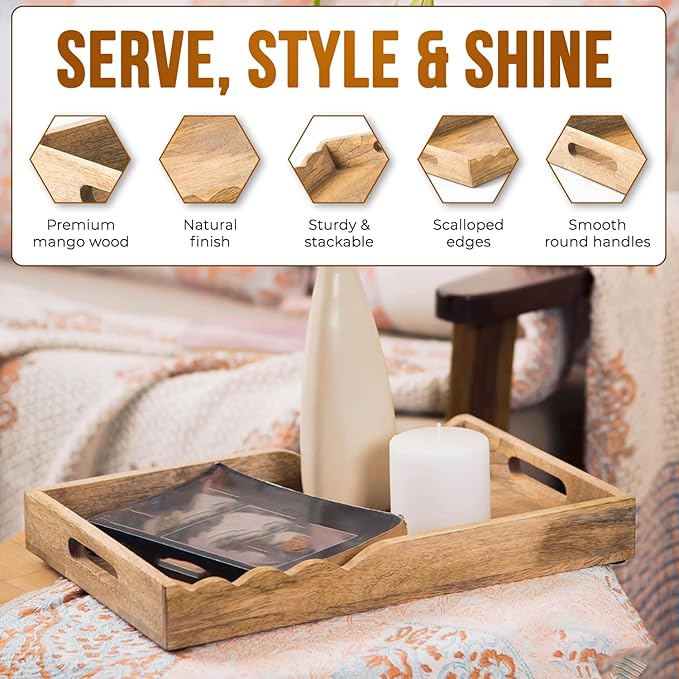 Mela Artisans Wooden Serving Tray with Handles | 15x10x1.75 inch | Mango Wood Decorative Tray| Ottoman Tray | Snacks | Desserts | Breads | Coffee Table | Bedroom | Scalloped Design