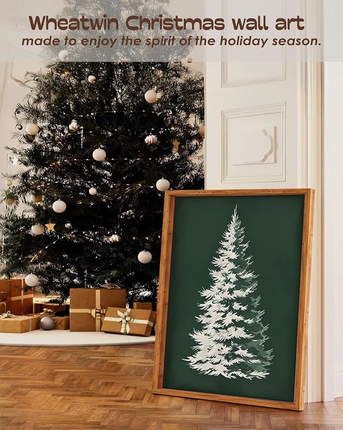 Wheatwin Vintage Christmas Green Wall Art Prints Set of 4, Merry Christmas Sign Decor Wall Art Poster Decorations for Bathroom Living Room Bedroom, 12x16 (Unframed)