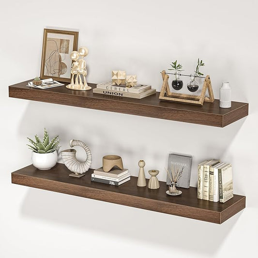 Floating Shelves for Wall, 40" W x 8" D x 1.5" H, Wooden Wall Mounted Display Shelves with Invisible Brackets for Living Room, Bedroom, Bathroom, Kitchen Decor and Storage, Set of 2, Walnut