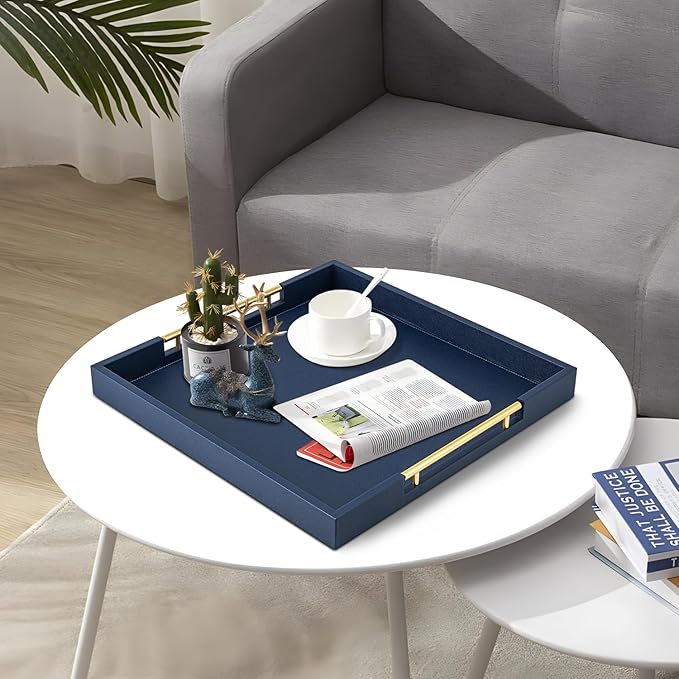 Navy Blue Faux Leather Decorative Tray,Large Square Serving Tray with Handles,coffee table tray for Home decor,Large Ottoman Tray for Living Room,Bathroom, 20 x 20in
