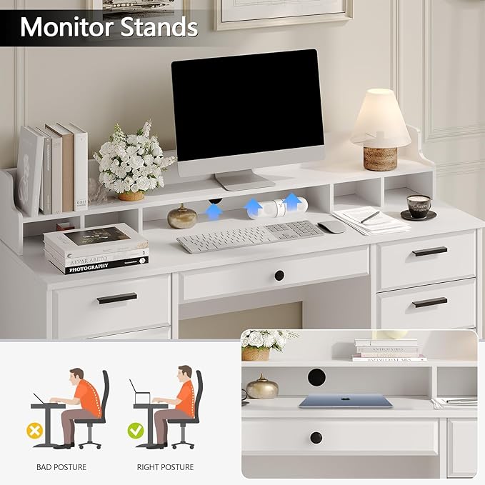 Executive Desk with Hutch, 58 Inch White Computer Desk with 5 Drawers, Home Office Desk with Storage, Rustic Desk with Adjustable Shelves and Storage Cabinet for Bedroom