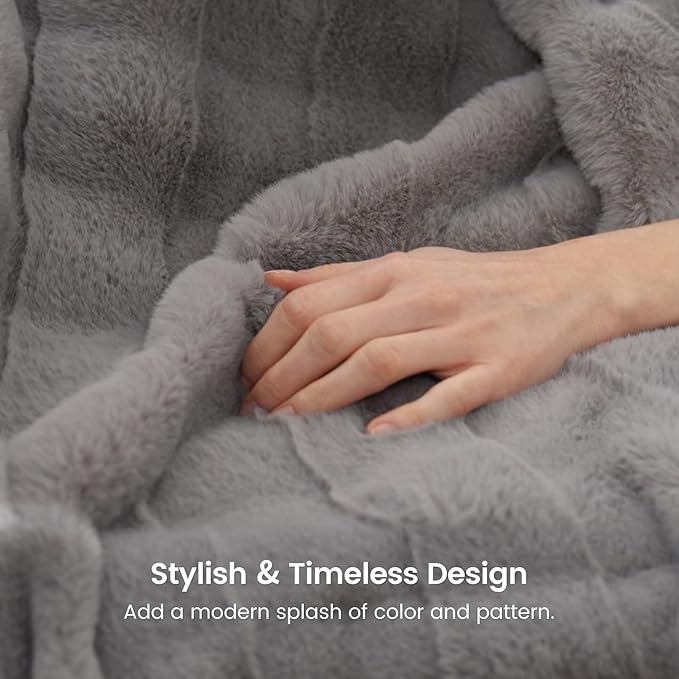 Cozy Bliss Fluffy Faux Fur Blanket Queen Size for Bed, Fuzzy Soft Striped Plush Blanket, Thick Throw for Bedroom Couch Gift, 90x90 Inches Grey