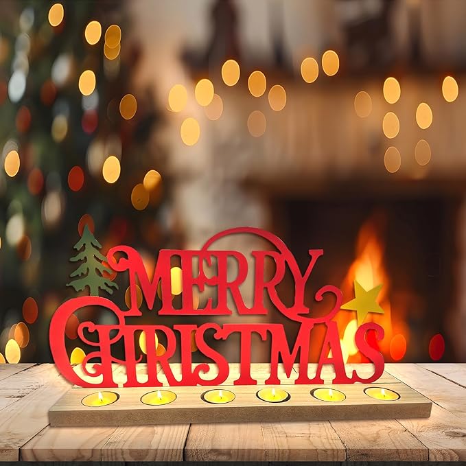 Metal Merry Christmas Sign, Tiered Tray Decor with 18 Pcs Tealights, Red Christmas Decorations Tea Lights Candles Holders for Home, Office, Shelf, Mantel, Indoor, Table, Winter Decoration