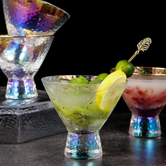 Lysenn Iridescent Stemless Martini Glasses Set of 4 - Premium Hammered Cocktail Glasses for Weddings, Anniversary, Christmas, Party - 7.7oz