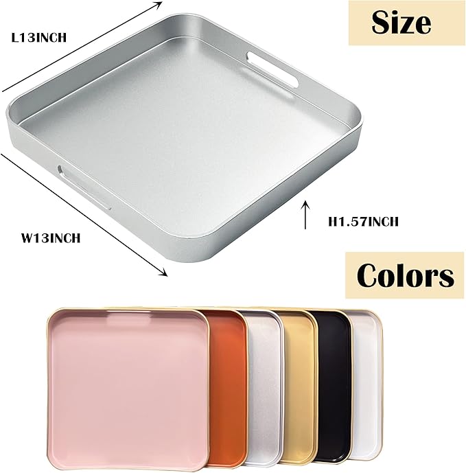 Serving Tray with Gold Trimming, Square Decorative Serving Trays with Handles, Coffee Table Tray Plastic Tray for Ottoman Living Room, Bathroom,Home Decor 13" L x 13" W x 1.57" H(Silver)