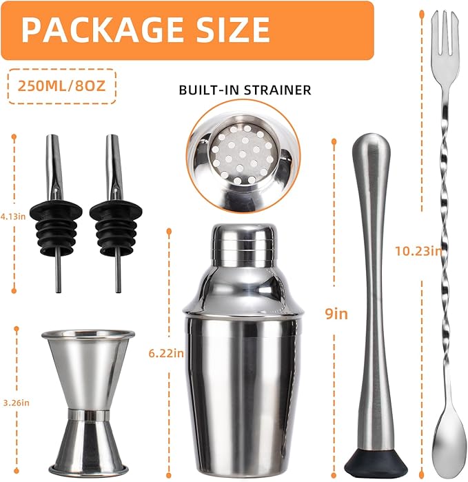 6 Piece 8oz Professional Cocktail Shaker Set with Built-in Strainer,Martini and Margarita Shaker for Home Bar, Boston Bartending Kit Gift for Beginners (250ml/8oz)
