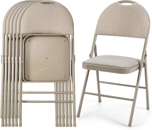 POWERSTONE Folding Chairs 6 Pack, Foldable Chair Set with Padded, Handle Hole and Metal Frame Dining Chair Set for Indoor and Outdoor, School, Office and Garden Party (Beige)