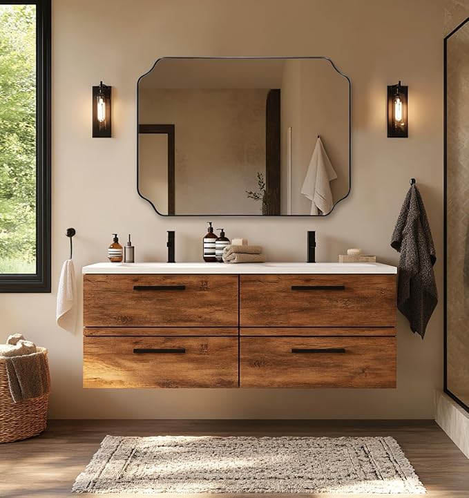 ANDY STAR Bathroom Vanity Mirror, 24x36 Inch Matte Black Mirror, Modern Rectangle Mirrors for Bathroom, Asymmetrical Wall Mirror with Scalloped Round Corner