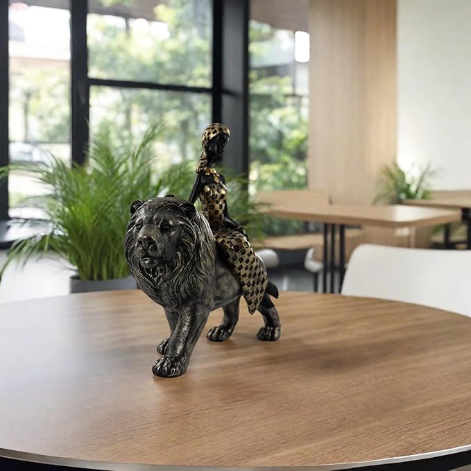 African Woman Riding Lion Resin Statue – Tribal Figurine for Home Decor, Elegant Black and Gold Sculpture for Shelf, Desk, or Mantel, Unique for Mom, Friends, Women, Christmas