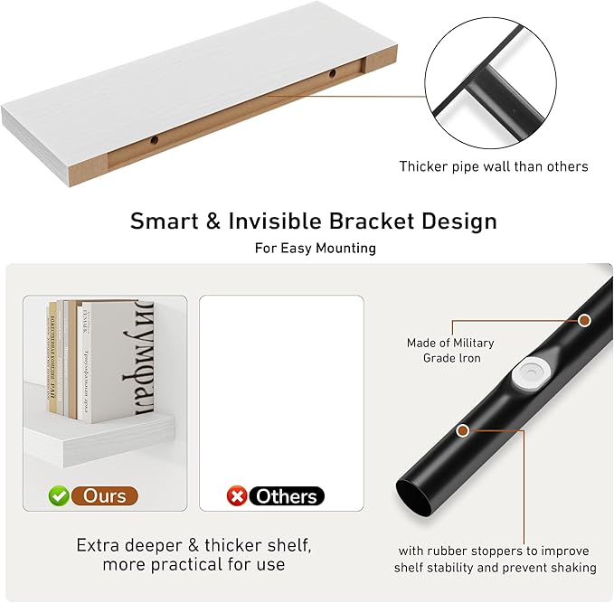 Fun Memories 32Inch Floating Shelves, 9.3Inch Deep Rustic Wall Shelves - Extra Deeper & Thicker Wall Mounted Storage Shelf for Kitchen, Farmhouse - Set of 2 - Rustic White