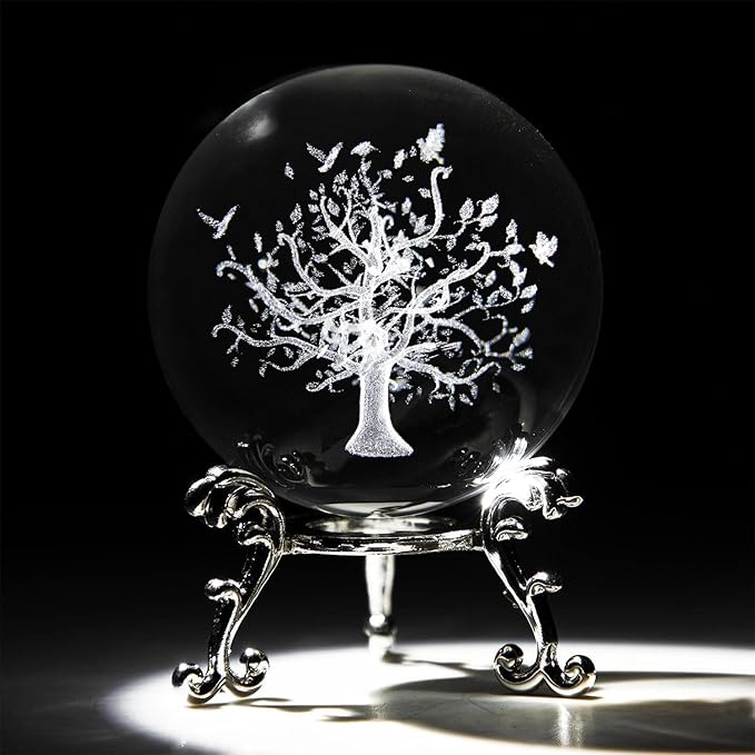 60mm Tree of Life Crystal Ball with Stand 3D Laser Engraved Life Tree Figurine Crystal Paperweight Decoraive Quartz Glass Ball Sphere Home Decor Table Craft