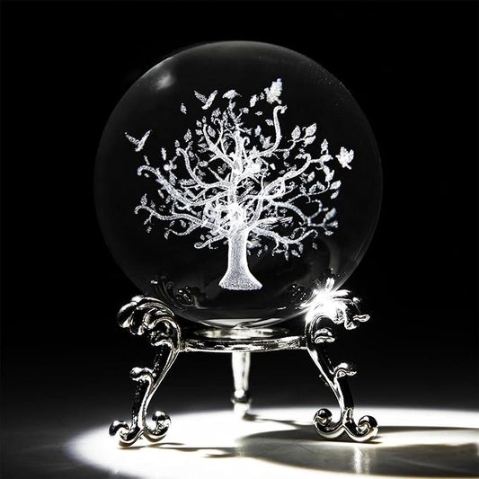 60mm Tree of Life Crystal Ball with Stand 3D Laser Engraved Life Tree Figurine Crystal Paperweight Decoraive Quartz Glass Ball Sphere Home Decor Table Craft