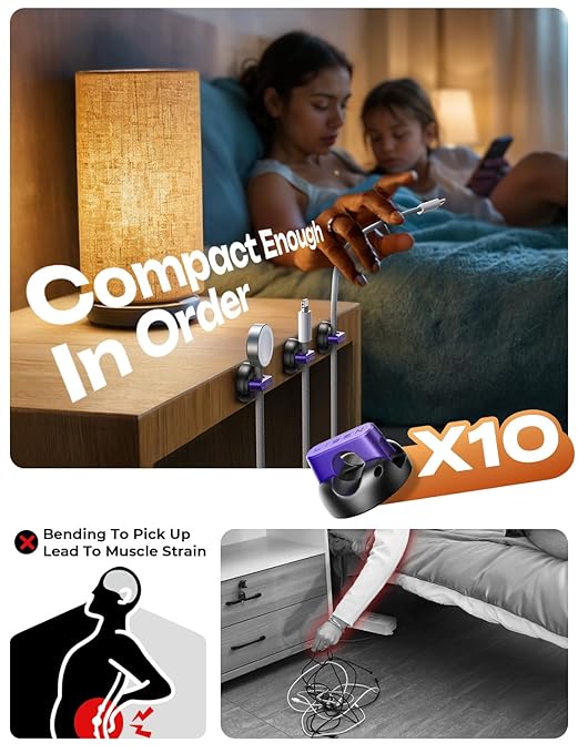 10-Pack Magnetic Cable Clips [1S Snap-On] Cord Holder, LISEN Office Desk Organizers and Accessories with 5 Extra Strong Adhesive Pads, Wire Organizer for Nightstand, Home, Wall, Car, Desktop, Purple