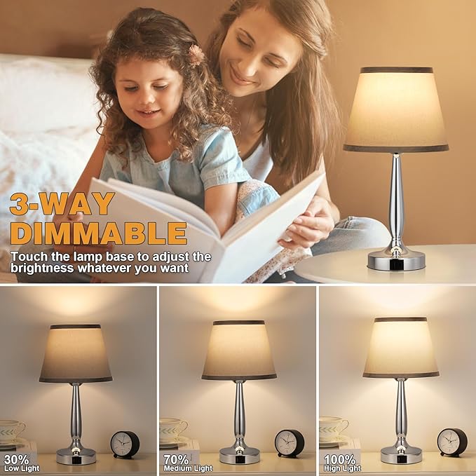 Kakanuo Touch Table Lamp for Bedroom, Small Bedside Lamp with USB C Charging Port, 3 Way Dimmable Touch Control Nightstand Lamp for Living Room and Office, Gray Shade and Silver Base