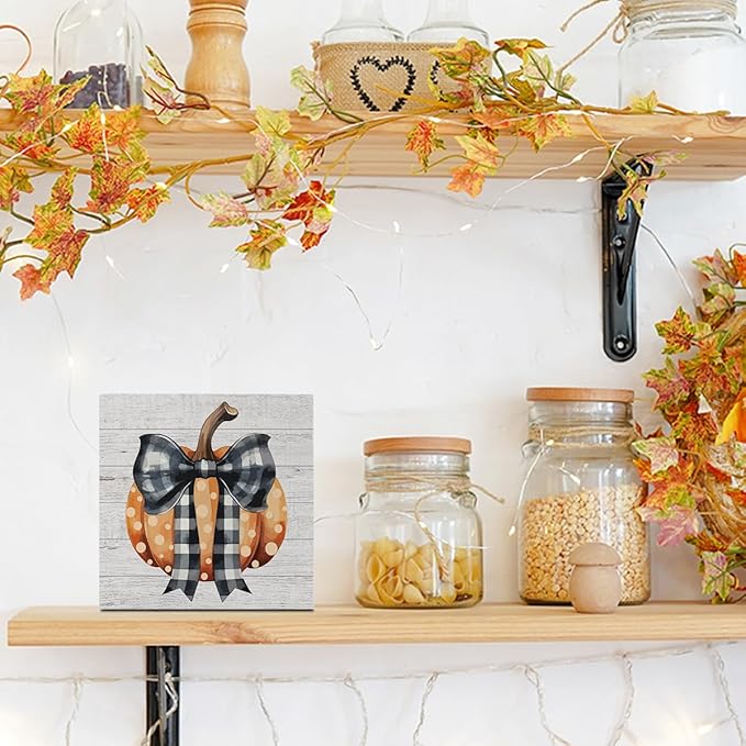 Fall Decor Polka Dots Pumpkins Bow Striped Plaid Wooden Box Gifts Thanksgiving Decorations for Home Indoor Wood Square Sign Desk Block Signs Home Shelf Office Decoration 5 x 5 Inches Tub1905