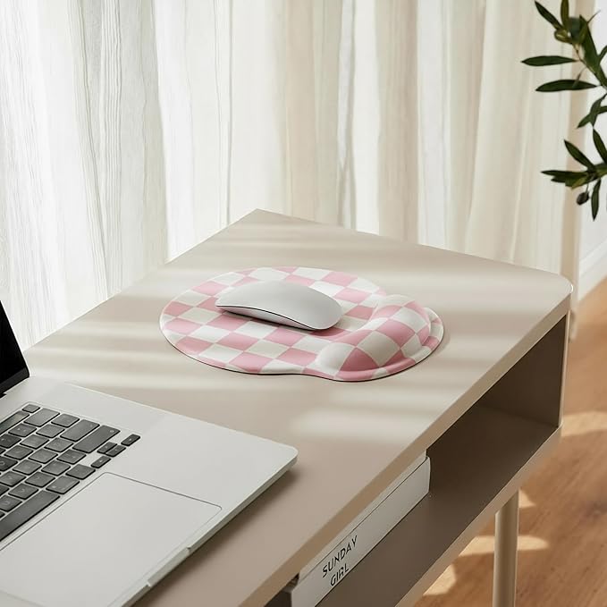 Pink Checkered Mouse Pad with Gel Wrist Rest, Wrist Support, Ergonomic Desk Accessories for Girls Women, Office Laptop Gaming Decor, Cute Aesthetic Trendy Check Design