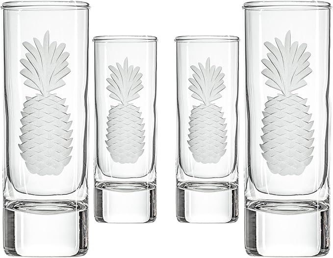 Rolf Glass Fresh Pineapple Shot Glass | 2.5oz Engraved Glass Cordial | Spirits or Tequila Sipper | Tropical Sand-Etched Pineapple Design | Lead-Free | Made in the USA | Set of 4
