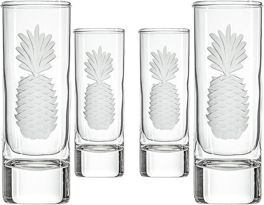 Rolf Glass Fresh Pineapple Shot Glass | 2.5oz Engraved Glass Cordial | Spirits or Tequila Sipper | Tropical Sand-Etched Pineapple Design | Lead-Free | Made in the USA | Set of 4