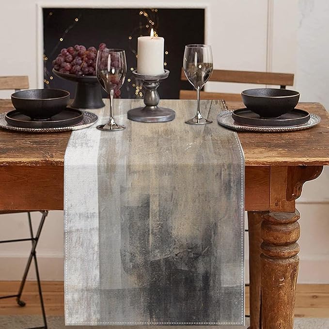 Emvency Farmhouse Table Runner, Abstract White and Brown Art Painting for Kitchen Coffee Table Family Dinners Holiday Parties Wedding Events Decor(13x72 inch)