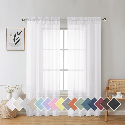 Aiyufeng Sheer Voile Window Treatment Rod Pocket Curtain Panels for Kitchen Bedroom Living Room Drapes Sunlight Filtering Privacy Semi Home Decor Assorted Colors Sizes (White, 40 W x 72 L)