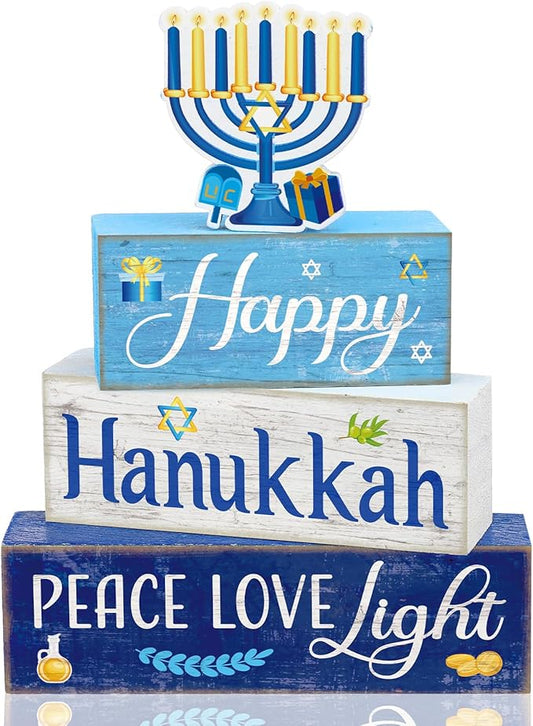 4 Pcs Hanukkah Decorations for Home Chanukah Table Decor Wooden Menorah Decoration Hanukkah Centerpiece Rustic Decorative Menorah Block Signs Gift Farmhouse Jewish New Year Decoration for Home