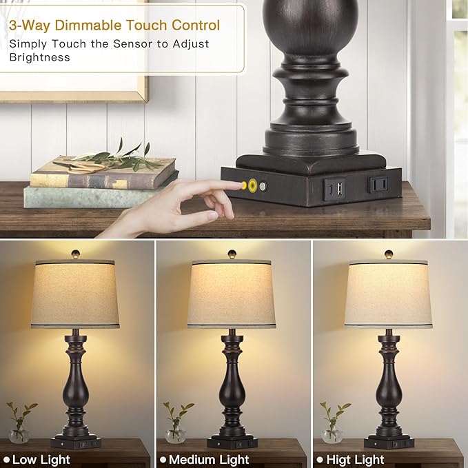 27.5" Farmhouse Table Lamp for Living Room,Vintage Bedside Nightstand Lamp with USB C+A Ports & AC Outlet,3-Way Dimmable Touch Control Retro Black Desk Lamp for Bedroom,Single Black