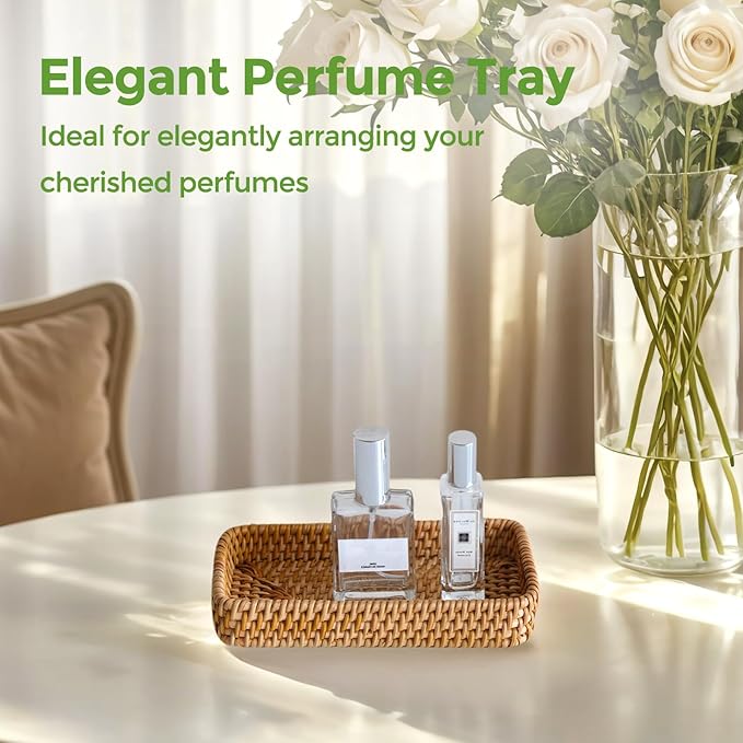 Small Rattan Serving Tray, Natural Wicker Decorative Tray Handwoven for Keys Trinkets Rings Cosmetics, Decorative Jewelry Perfume Tray for Coffee Table Entryway Living Room(8.2" × 4.3")