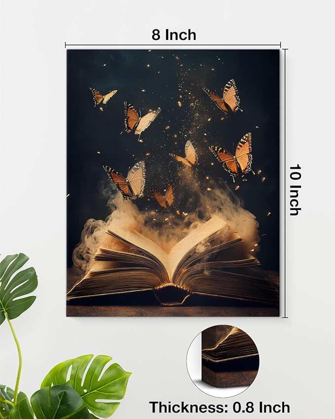 Aesthetic Book Butterflies Wall Art Decor Vintage Dark Academia Canvas Print Poster Framed Picture Painting for Home Reading Corner Library Decor 8x10 Inch, Gifts for Book Lovers Bookworms