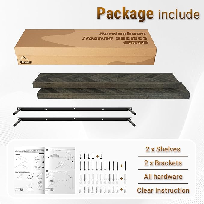 36" Acacia Chevron Floating Shelves Set of 2 - Wall Mounted Wooden Shelf for Stylish Home Décor - Mocha Color - 36x6.7x1.5 Inches