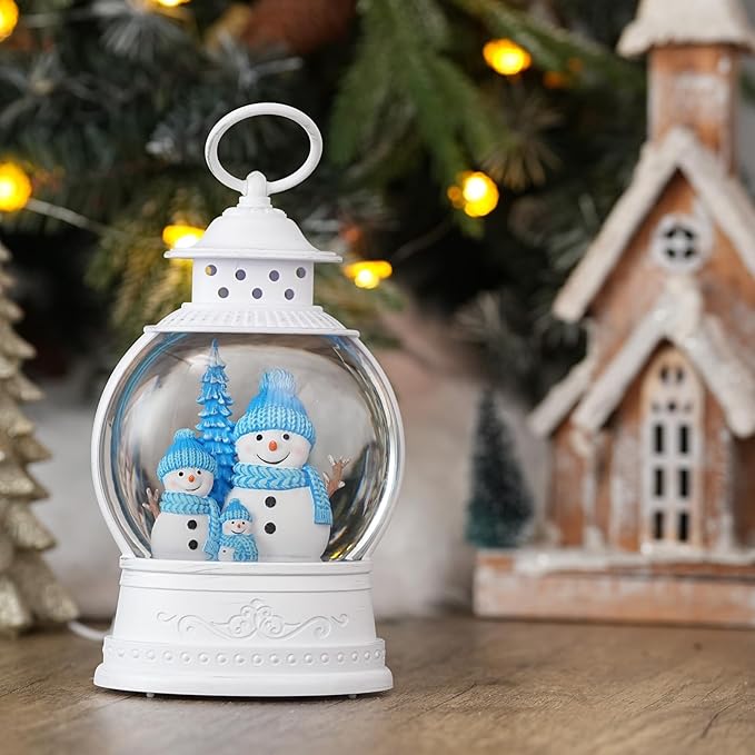 Christmas Snowman Snow Globes, Snowman Family Musical Snow Globe Lantern with Timer, Lighted Christmas Decorations Indoor, USB or Battery Operated