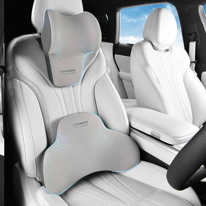 Coverado Lumbar Support and Headrest Pillow for Car, Memory Foam Ergonomic Head Neck Support Pillow for Driving Seat, Back Support and Pain Relief, Seat Cushion for Car, Driver, Office