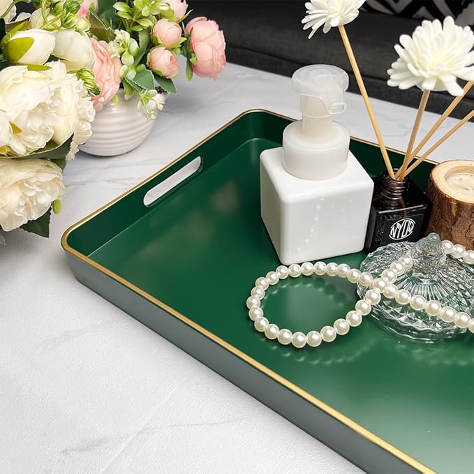 Rectangular Decorative Tray, Plastic Serving Trays with Handles, Coffee Table Tray for Ottoman, Living Room, Kitchen, Home Decor 15.7” x 10.2” x1.37”(Green)