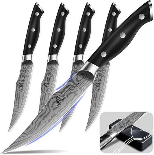 Steak Knives Set of 4, 4.8 Inch Fine-Edge Super Sharp Table Knives with Rest, Premium Germany Stainless Steel Ergonomic Handle, Elegant Black Ideal for Gift