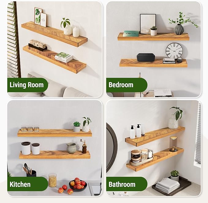 24" Acacia Chevron Floating Shelves Set of 2 - Wall Mounted Wooden Shelf for Stylish Home Décor - Natural Color - 24x6.7x1.5 Inches