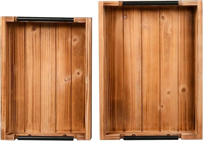 Coffee Table Tray Decorative Nested Vintage Wood Serving Tray Set for Eating, Breakfast, Party, Kitchen, Ottoman,Tea Coffee Table Large Ottoman Trays (Wood, 2pc)