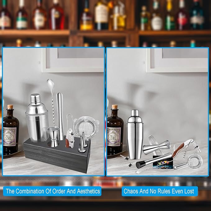 Cocktail Shaker Set with Stand,Cocktail Kit,Bartender Kit with 10 Piece Bar Tool Set,Matini Shaker,Mixing Spoon,Jigger,Strainer,Muddler,Corkscrew for Barware Set and Other Bar Tools (Black Bamboo)