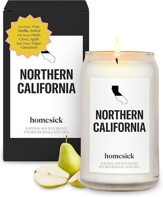 Homesick Scented Candles for Home (California Norcal) - 13.75 oz Long-Lasting Soy Wax Jar Candle for Women & Men for All Occasions, 60-80 Hours Burn Time - Notes of Pear, Vanilla & Amber