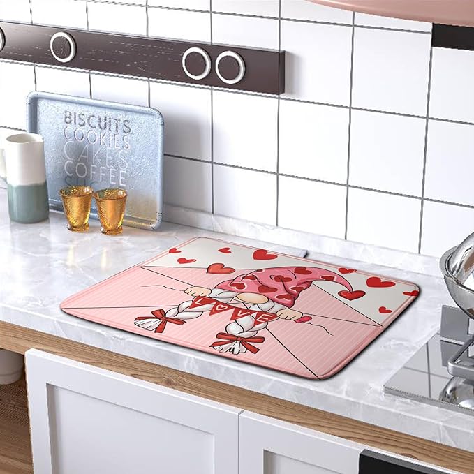 Valentine's Day Love Letter Dish Drying Mat for Kitchen Counter, Love Letter Gnome Absorbent Dish Pad Large Dish Drainer Mats for Countertop 16x18 Inch