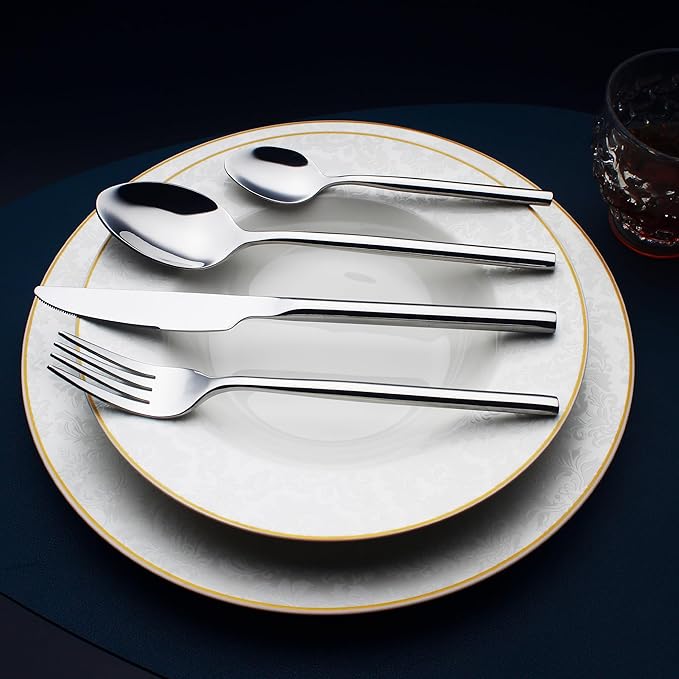 24 Piece Silverware Set For 6 Heavy duty 18/10 Stainless Steel Flatware Set Modern Design Knife/Fork/Spoon Mirror Polished Dishwasher Safe Cutlery Set with Gifts