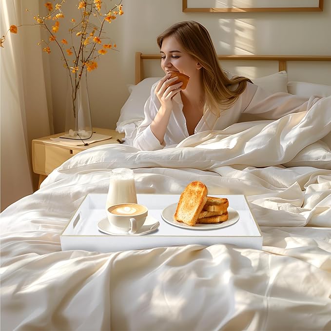 MAONAME White Decorative Tray for Coffee Table, Modern Serving Tray with Handles, Plastic Rectangular Tea Tray for Ottoman, Bathroom Decor, 15.8” X 10.2” x1.4